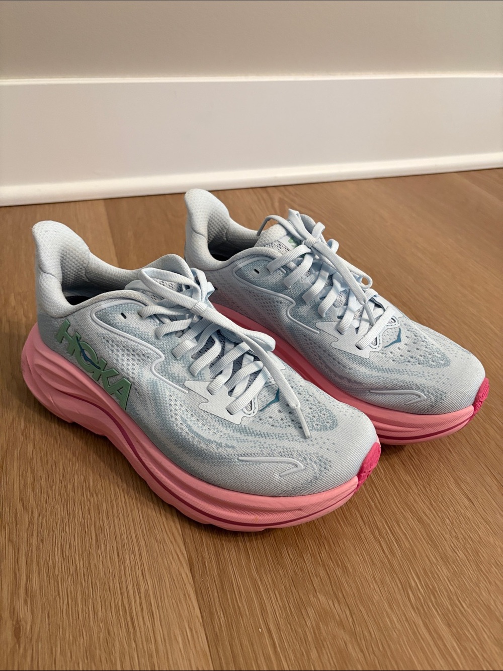 Hoka Women’s Pale Blue and Pink Cushioned Running Shoes Clifton 10